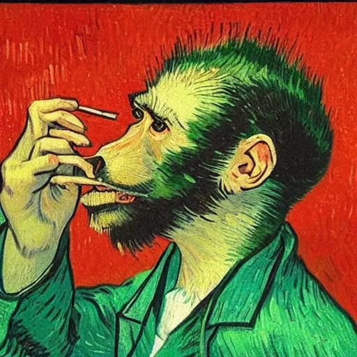 Prompt: rhesus monkey in a lab coat, smoking a cigar, in a green field, van gogh style painting