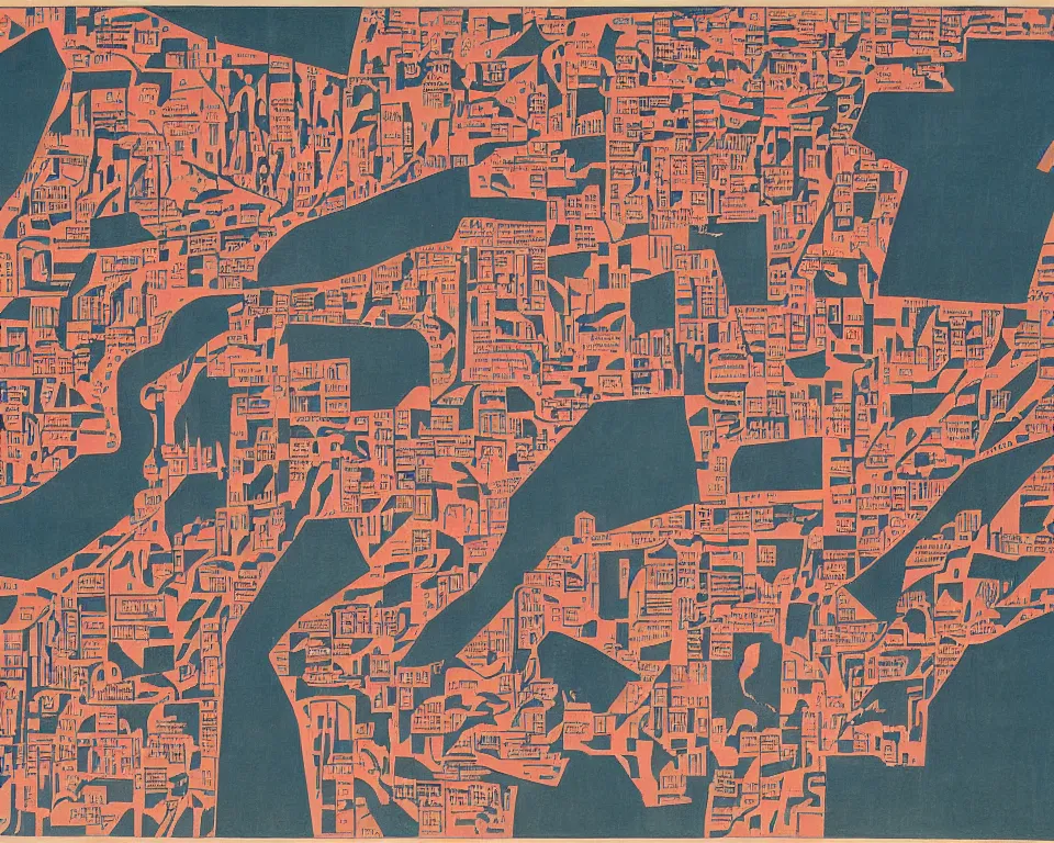 Prompt: abstract illustrated map of Washington, D.C. by Hasui Kawase, Mark Rothko, and Lyonel Feininger