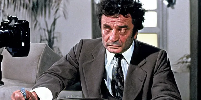 Image similar to photorealistic cinematography of peter falk acting in a 1 9 6 9 episode of columbo shot on 3 5 mm eastman 5 2 5 4 film with a 1 8 mm cooke panchro lens shot by cinematographer russell metty