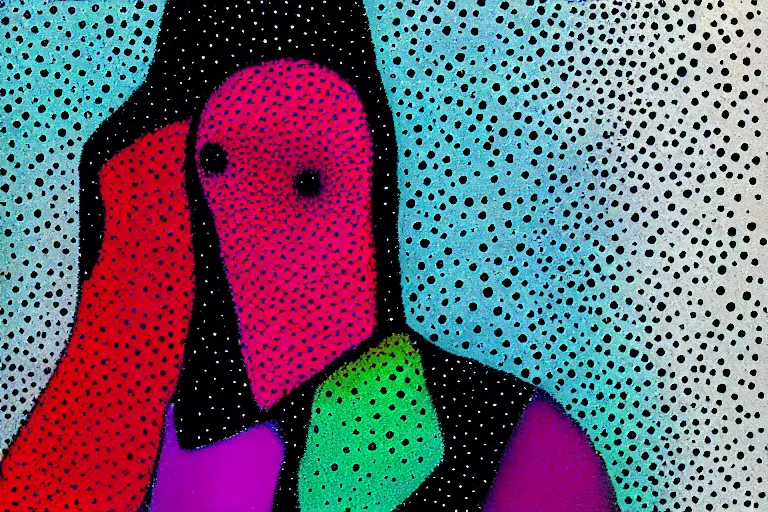 Image similar to anxiety faceless people dark, dots, drip, stipple, pointillism, technical, abstract, minimal, style of francis bacon, asymmetry, pulled apart, cloak, hooded cowl, made of dots, abstract, balaclava mask, colored dots, sploch