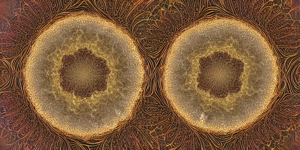 Image similar to golden fractal mandala encased in fractured ice, studio lighting, area light from above, colored silk sheets flowing in wind, smoke and dust