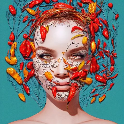 Image similar to the portrait of a beautiful and elegant young woman made up of peppers, an ultrafine detailed illustration by james jean, intricate linework, bright colors, final fantasy, behance contest winner, vanitas, angular, altermodern, unreal engine 5 highly rendered, global illumination, radiant light, detailed and intricate environment