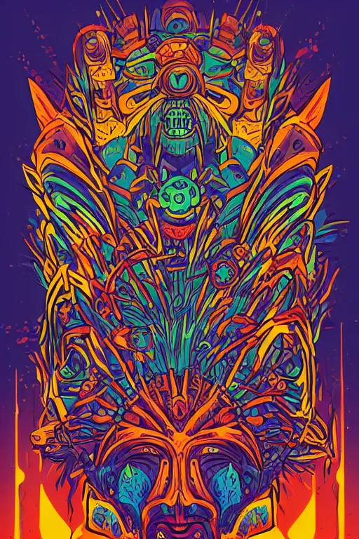 Image similar to totem animal mask tribal feather gemstone plant wood rock shaman vodoo video game vector cutout illustration vivid multicolor borderlands comics by josan gonzales and dan mumford radiating a glowing aura