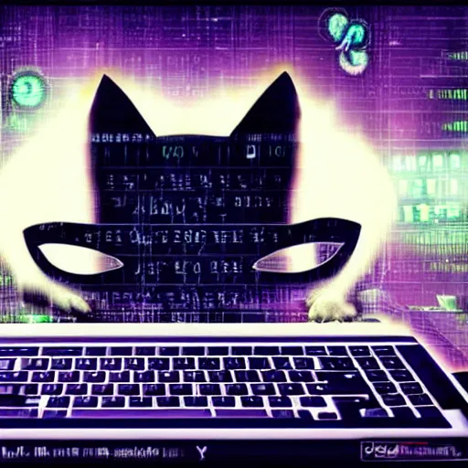 Image similar to A cat wearing a guy fawkes mask, typing maliciously on a computer, with a green screen and binary numbers. Award-winning cyberpunk glitchcore art