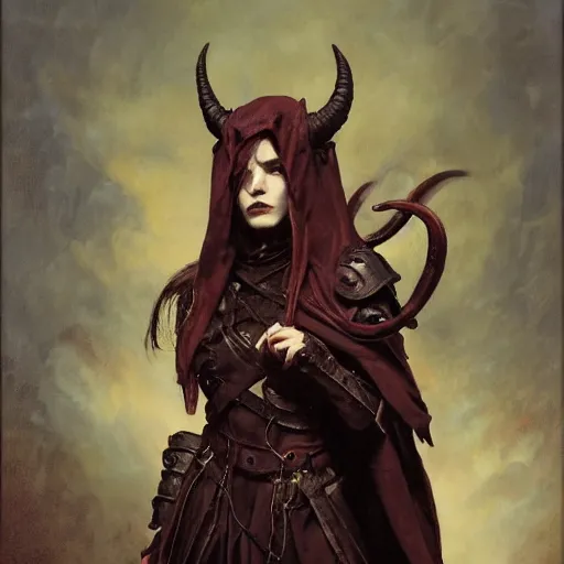 Prompt: masterpiece portrait of a surly and resentful female tiefling thief with small horns clothed in ragged leather armor and a cloak, angry expression, by Greg Rutkowski and John Collier and Krenz Cushart and Artem Demura and Alphonse Mucha and Albert Aublet, as seen on ArtStation, 4k, dungeons and dragons, very aesthetic, very detailed, intricate, unreal, fantasy, dramatic, painterly, artstation, sharp focus, smooth