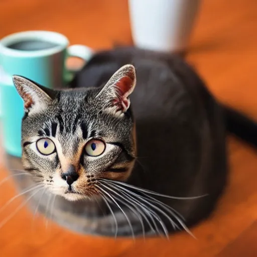 Prompt: a beautiful cat is drinking coffee