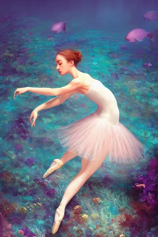 Image similar to stunningly beautiful, ballerina at the bottom of the great barrier reef, smooth, focus, highly detailed, hyper realistic, dramatic lighting, intricate, concept art, art by wlop