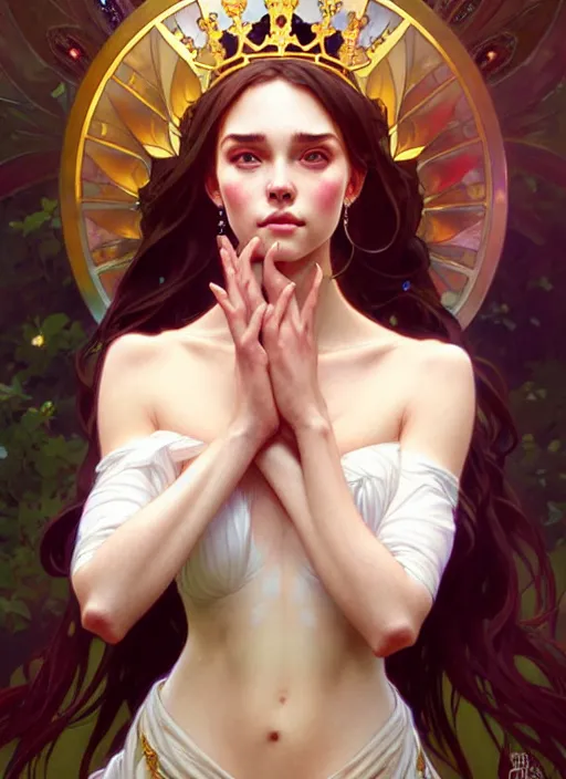 Image similar to hannah owo as queen, incredibly detailed face, pretty face, light dress, true anatomy, art by artgerm and greg rutkowski and alphonse mucha