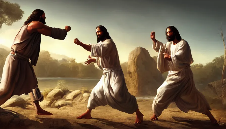 Image similar to a painting of jesus fighting a blind man, hyperrealistic, 8k, unreal engine, artstation, cgsociety