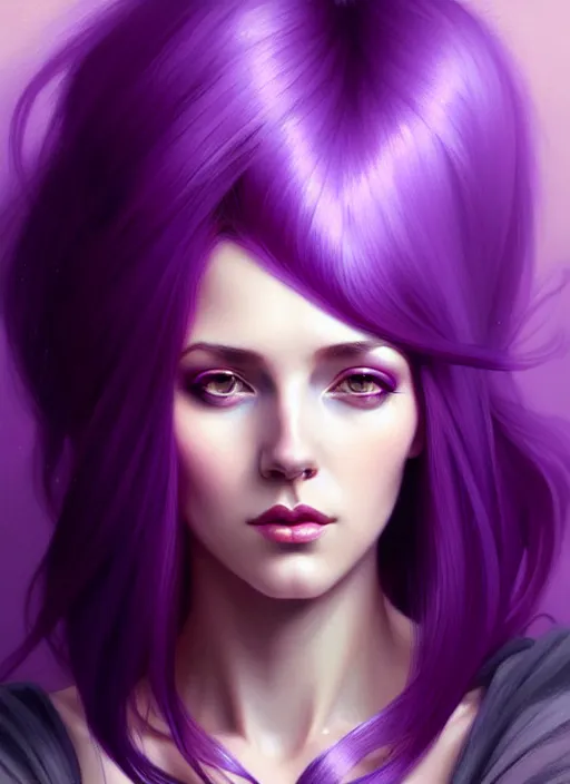 Prompt: Purple hair, creative colouring Portrait of woman, fashion, intricate, elegant, highly detailed, digital painting, artstation, concept art, smooth, sharp focus, illustration, art by artgerm and greg rutkowski and alphonse mucha