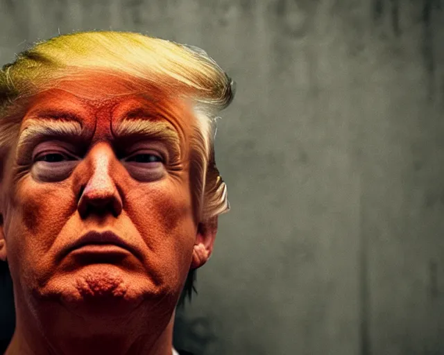 Prompt: closeup portrait of of angry donald trump wearing orange prison pajamas locked up in an prison jail cell, cinematic masterpiece, octane, dramatic lighting, very detailed