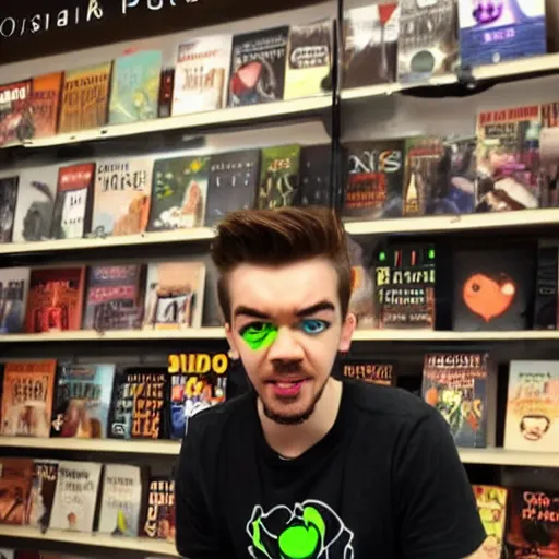 Image similar to jacksepticeye playing a video game in a bookstore