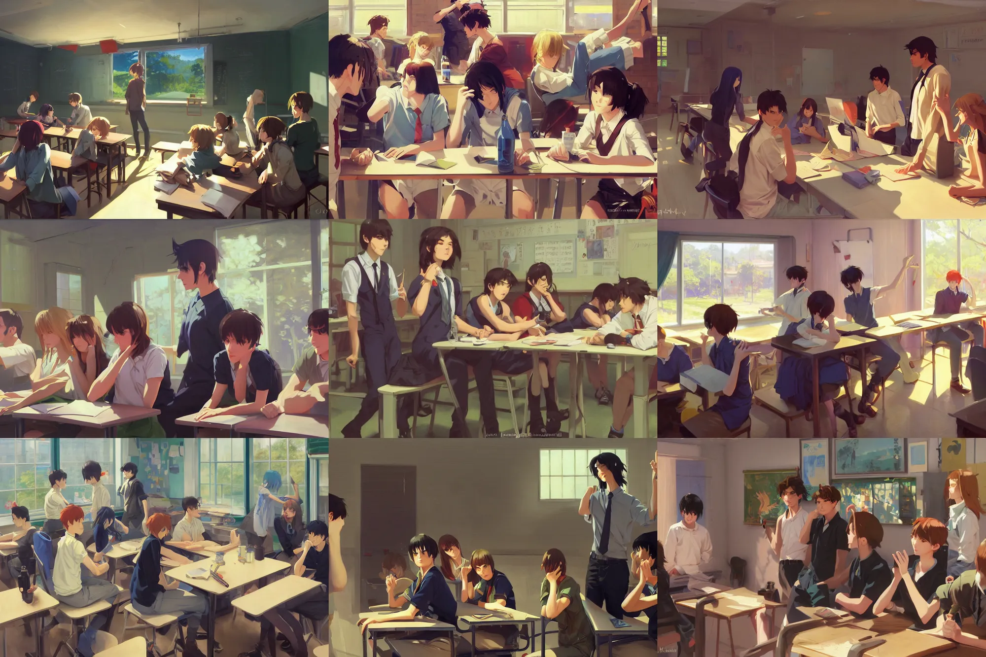 Prompt: high school classroom scene spring setting, expert high detail concept art, perfect proportions fine face, tall handsome guys, bold colors, realistic shaded lighting poster ilya kuvshinov, katsuhiro, jeremy lipkin and michael germash, makoto shinkai, loish and clamp style, trending on art station, best selling artist