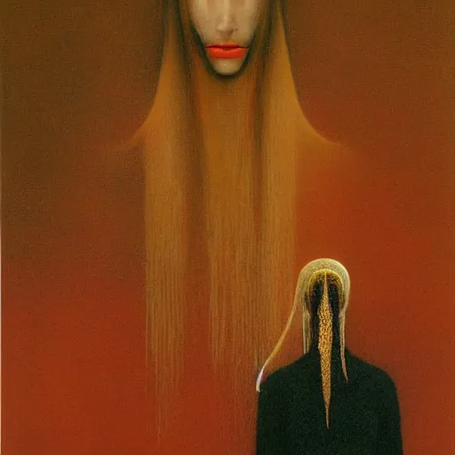 Image similar to portrait of a woman with red skin and white long hair, golden ornament jewelry, pieces of black ash floating in the air, surreal painting by Beksinski,