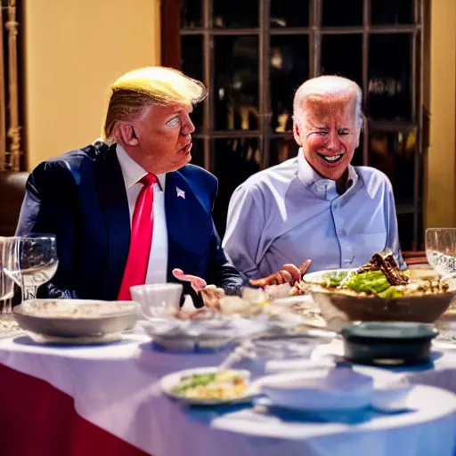 Image similar to Trump and Biden having dinner at a fancy Balinese restaurant, award winning photography, 85mm, perfect faces