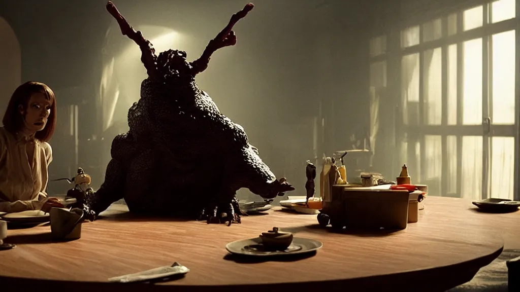 Image similar to a strange creature sits at a table, film still from the movie directed by Denis Villeneuve with art direction by Richard Corben wide lens