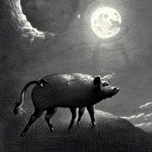 Image similar to pig in a tuxedo, in front of the moon, dark clouds, high detail, dramatic light, illustration by gustave dore