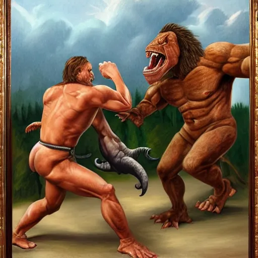 Prompt: a realistic muscular neanderthal man fighting dinosaur, painting