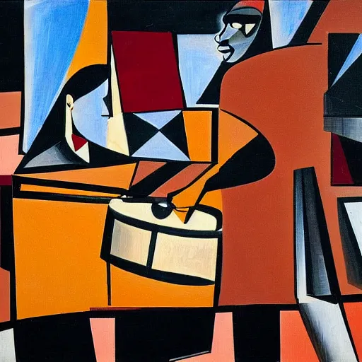 Prompt: A cubist painting of a black man playing drums at an empty concert hall, wide shot