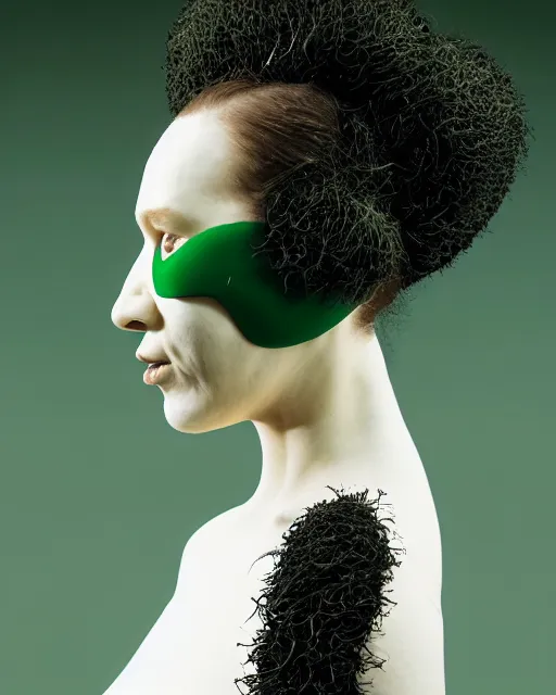 Image similar to portrait of a woman wearing a green embroidered translucent silicone mask and white frizzy hair buns, wearing a black bodysuit by alexander mcqueen, cream white background, soft diffused light, biotechnology, humanoide robot, bjork aesthetic, translucent, by rineke dijkstra, intricate details, highly detailed, masterpiece,