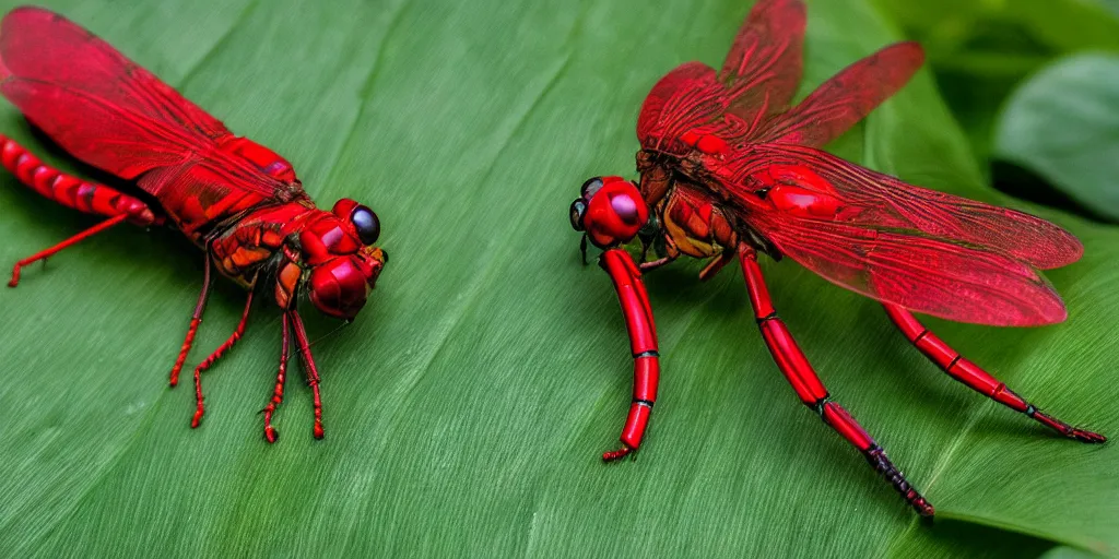 Image similar to a hyperrealistic cyborg red dragonfly with glowing neon electronics rests on a hosta leaf, UHD, 8K HDR, boken, dof, nature photograph