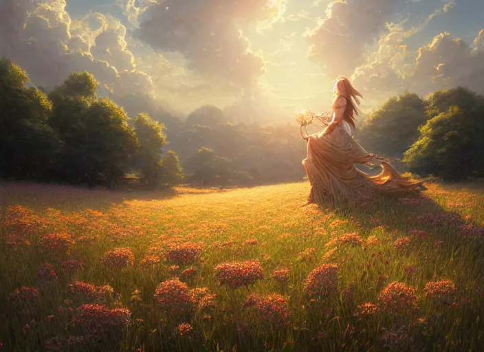 Image similar to detailed intricate digital illustration by greg rutkowski and artgerm and wlop and sanford robinson gifford ; conversion van, beautiful meadow with colorful flowers and puffy clouds in background ; 1 3 mm film, arri alfa anamorphic lens ; sharp focus, golden hour lighting, trending on artstation 4 k ; close view