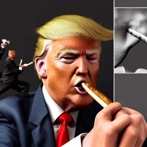 Image similar to a high quality photo of donald trump smoking a cigar, 3d scene, render, ultra realistic, artstation, cgsociety