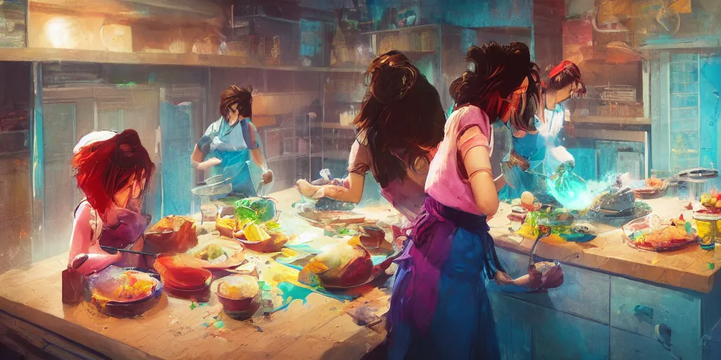 Image similar to two girls cooking, colorful, contrast, 3 d scene, greg rutkowski, zabrocki, karlkka, jayison devadas, trending on artstation, 8 k, ultra wide angle, zenith view, pincushion lens effect