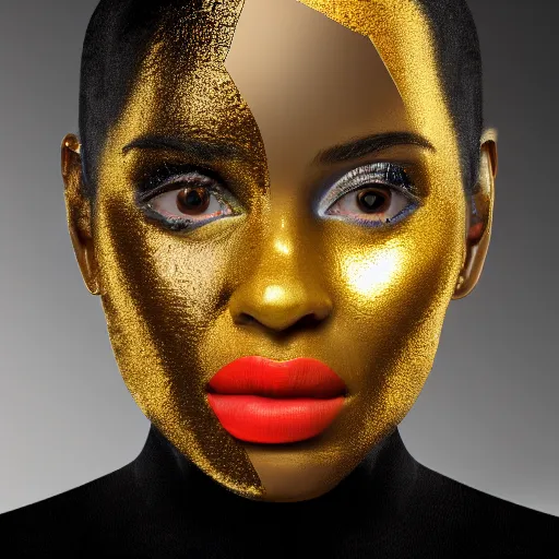 Image similar to Woman with colored face, standing in gold foil, her face in discs, she has a diamond eye, orange lips photorealism