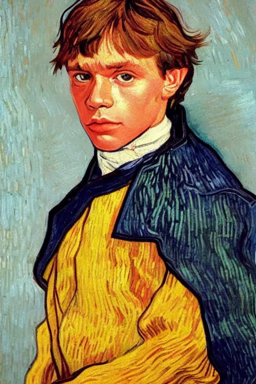 Prompt: bright beautiful oil painting portrait of young luke skywalker in 1 9 th century clothing with a missing ear, light scatter, van gogh