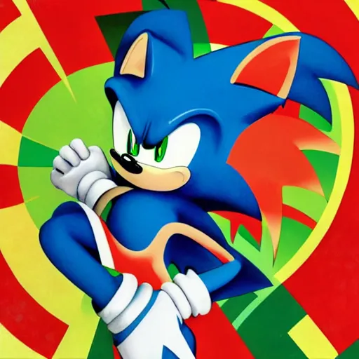 Prompt: Sonic the hedgehog has a bad acid trip, Green Hill Zone, in the style of Sachin Teng x Sonia Delaunay