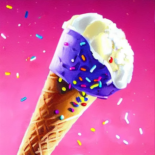 Prompt: a big ice cream conewith sprinkles, detailed oil painting, vibrant colors, trending artstation