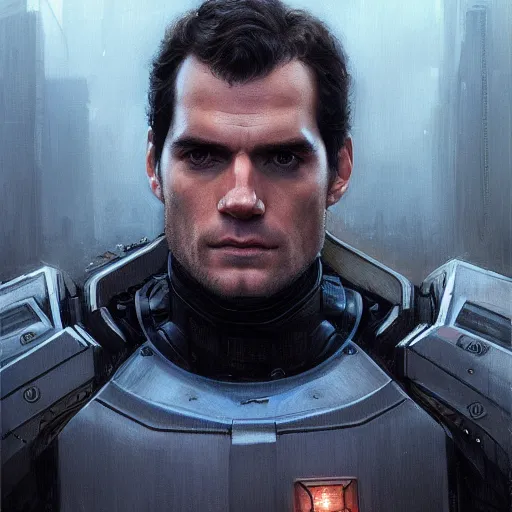 Image similar to henry cavill as a realistic scifi cyberpunk knight, closeup portrait art by donato giancola and greg rutkowski, realistic face, digital art, trending on artstation, symmetry!!!