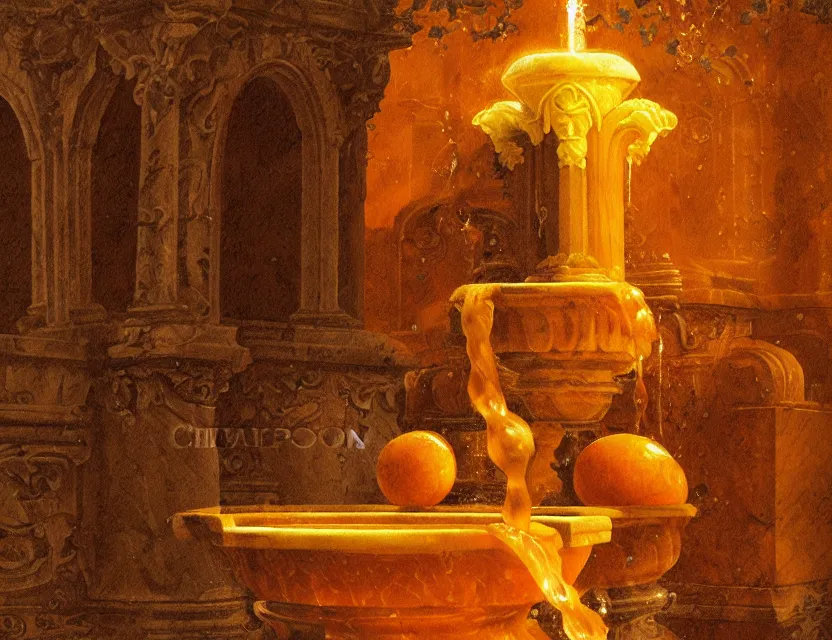 Prompt: carved marble fountain with orange soda. oil painting, indie concept art, bloom, chiaroscuro, backlighting, intricate details, depth of field.