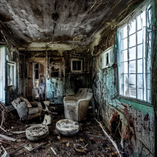 Prompt: a creepy, dilapidated house filled with mushrooms and the decaying bodies of warriors