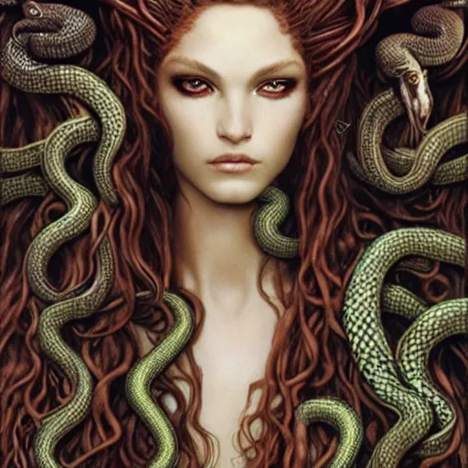 Image similar to head and shoulders vogue fashion photo of medusa with different species of snakes for her hair, d & d, fantasy, d & d, fantasy, luis royo, magali villeneuve, donato giancola, wlop, krenz cushart
