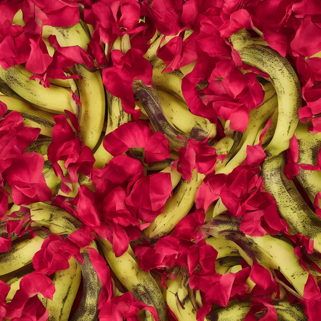 Image similar to high fashion haute couture scaled bananas, and form a complex fractal vegetable foliage, with red petals and shiny stems, mesh roots, hyper real, food photography, high quality