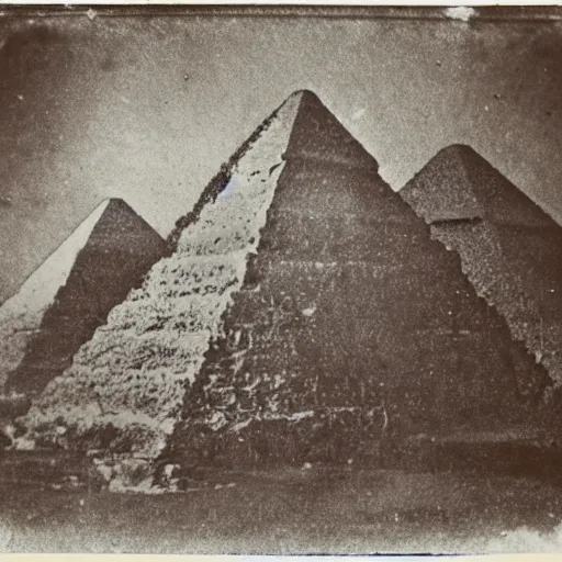 Prompt: tintype photo, underwater, pyramids falling down