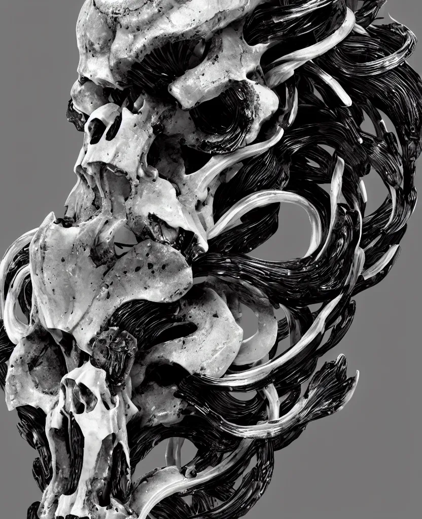 Image similar to goddess princess face close-up portrait ram skull. sculpture made of black obsidian. jellyfish phoenix head, nautilus, orchid, skull, betta fish, bioluminiscent creatures, intricate artwork by Tooth Wu and wlop and beeple. octane render, trending on artstation, greg rutkowski very coherent symmetrical artwork. cinematic, hyper realism, high detail, octane render, 8k