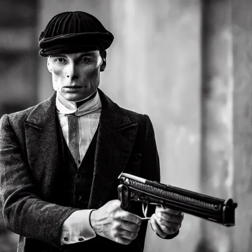 Prompt: a scene from peaky blinders, medium long shot, 3 / 4 shot, full body picture of cillian murphy firing a gun, sharp eyes, serious expressions, detailed and symmetric faces, black and white, epic photo by talented photographer ansel adams