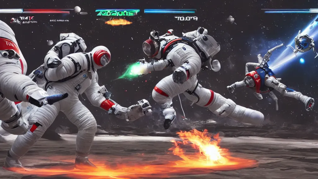 Image similar to an astonaut fighting a cosmonaut. VS fighting, videogame versus game UI, game UI, tekken, street fighter, mortal kombat, side camera, life bars, win count, countdown, playstation game, xbox game, unreal engine, 8k, 4k,