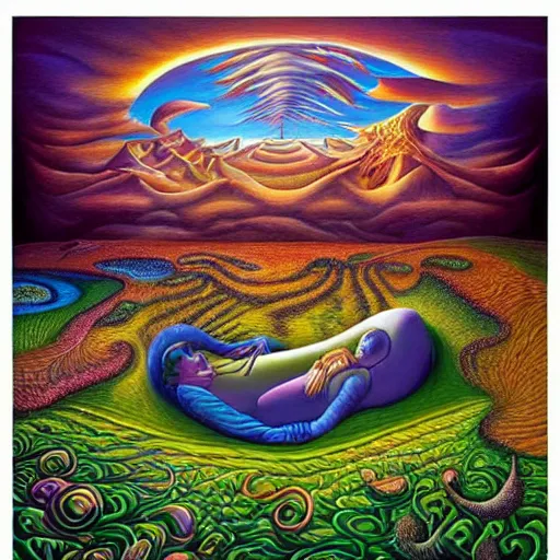 Prompt: An adult coloring page of a surreal dreamscape by Vladimir Kush