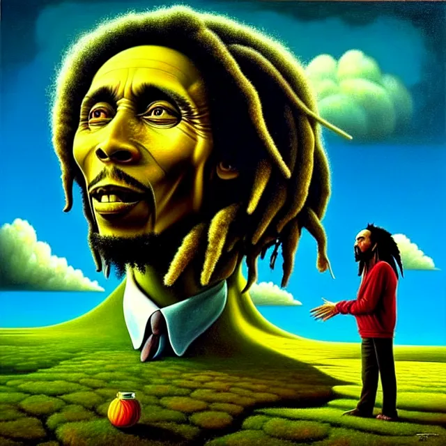 Prompt: gediminas pranckevicius an oil on canvas portrait painting of bob marley with john lennon, surrealism, surrealist, cosmic horror, rob gonsalves, high detail, hole space time warp zica