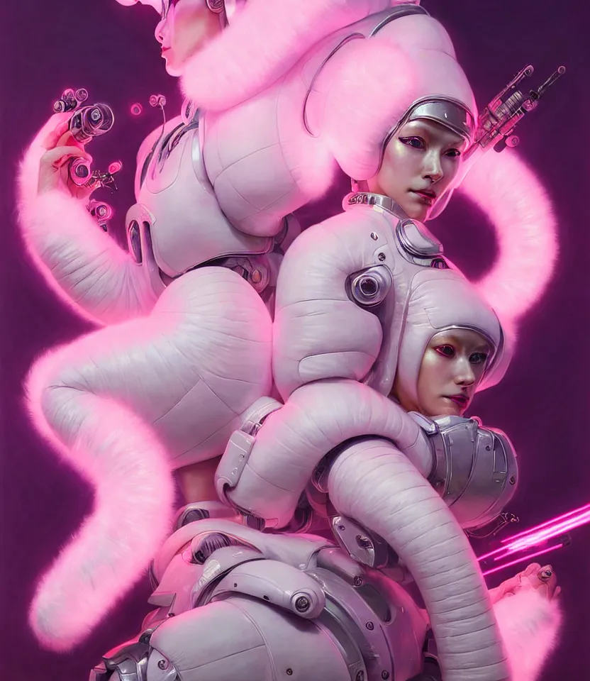 Prompt: beautiful fantasy character portrait of a female cyborg, wearing pink puffy bomber jacket with white fur, seductive reclining pose, lasers, ultra realistic, dramatic lighting, robots, the fifth element artifacts, highly detailed by peter mohrbacher, hajime sorayama, wayne barlowe, boris vallejo, aaron horkey, gaston bussiere, craig mullins