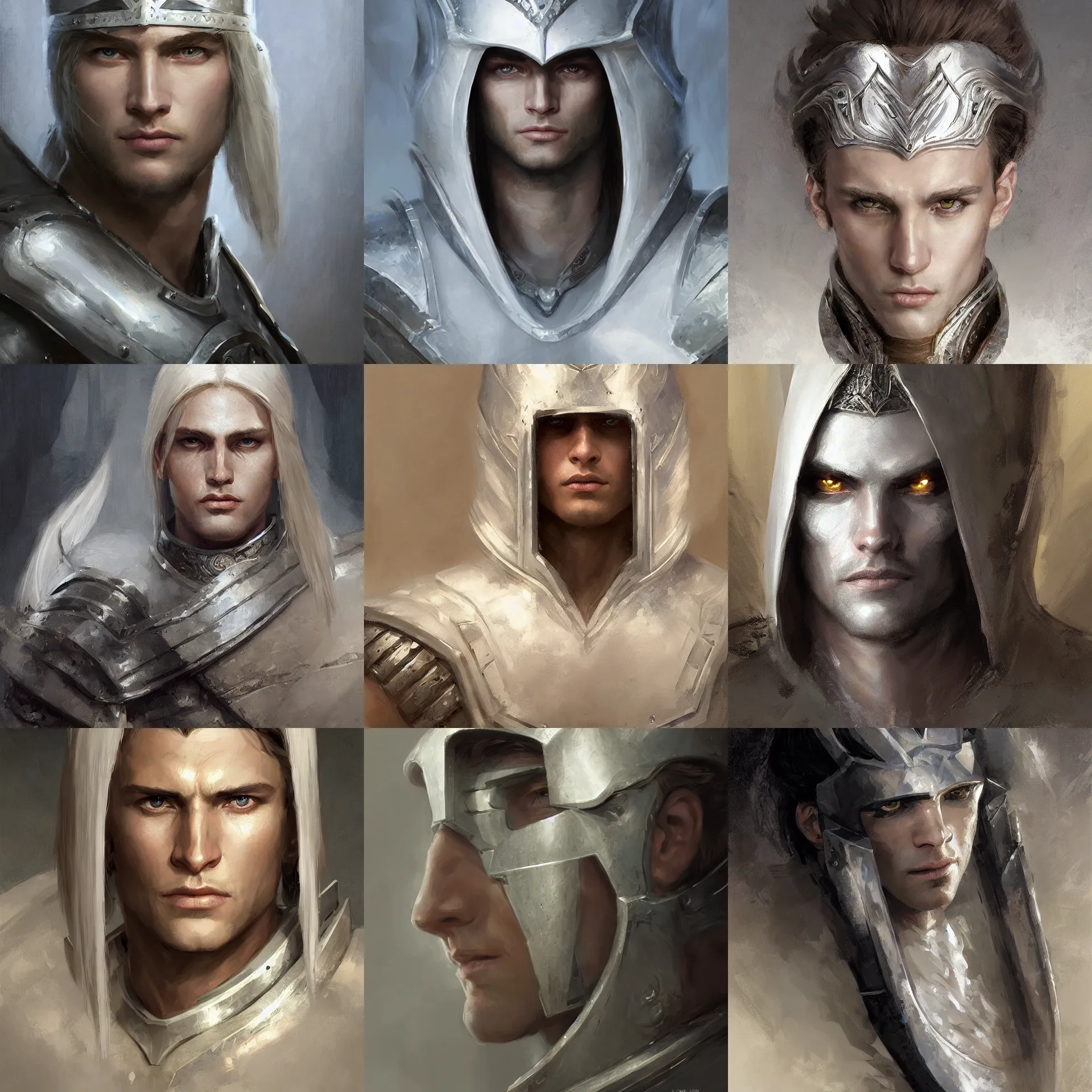 Prompt: digital art painting of a handsome feminine young man, white long straight hair, wearing a white silver armor dnd portrit painted by craig mullins and gaston bussiere and greg rutkowski, symmetrical face, defined facial features, symmetrical facial features, dramatic lighting