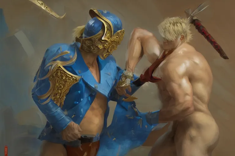 Image similar to a blond man in a blue suit with a sword fighting a bare chested asian gladiator, organic painting, sunny day, matte painting, bold shapes, hard edges, street art, trending on artstation, by huang guangjian, gil elvgren, ruan jia, randy vargas, greg rutkowski
