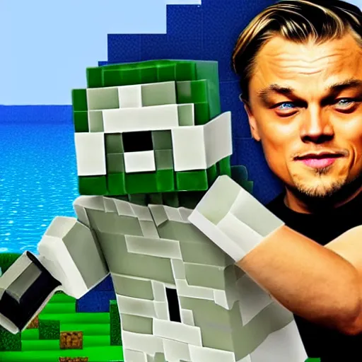 Image similar to leonardo di caprio in minecraft destroys evilarthas home