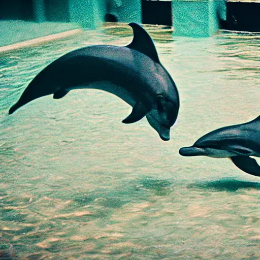Image similar to chimera of a dolphin and black dragon, realistic zoo pool photography, vignette grainy photograph