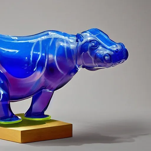 Image similar to a sophie taeuber - arp baby hippopotamus sculpture, by jeff koons, wood, blue epoxy translucent, cubic carved mix