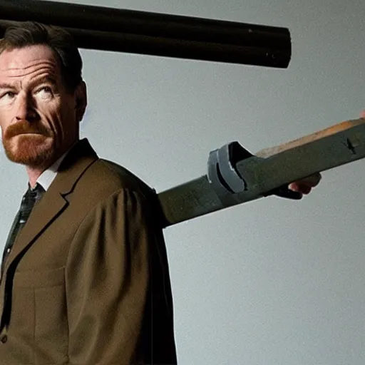 Image similar to Bryan Cranston as Gordon Freeman, holding a crowbar, in Freeman's suit, still from a movie